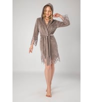 Siyah Dantelli Bambo Cotton  Kadife Bayan Sabahlık (Bej)