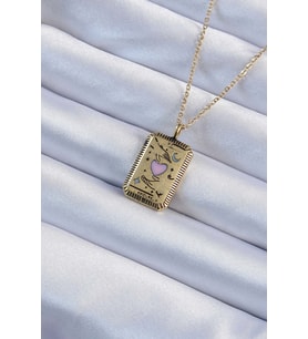 316L Çelik Zincir Eskitme Altın Renk Pembe Mineli Kalp Figürlü Tarot Kolye (Karışık)