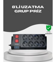 Akım Korumalı 8’li Priz 3 USB’li Uzatma Kablosu Isıya Dayanıklı 2 Metre