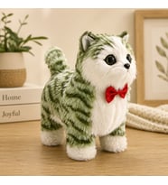 Sesli Hareketli Yürüyen Peluş Kedi Oyuncak Kırmızı Fiyonklu Sevimli Peluş Kedi 20x18 Cm Çocuk Hediye