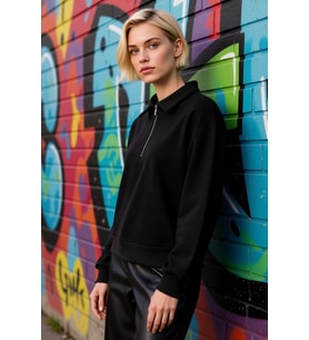 Kadın Polo Yaka Düşük Kol Fermuarlı Regular Kalıp Örme Sweatshirt Fonksiyonel Dayanıklı Şık