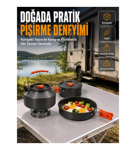 Mey İthalat® Alüminyum Kamp Pişirme Seti Katlanabilir Kulplu Çaydanlık Tencere Tava Outdoor Yemek Se