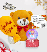 Kişiye Özel Happy Bhirtday Doğum Günü Hediyesi Işıklı Kar Küresi & Peluş Ayıcık