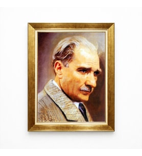 Tablore Atatürk Sanatsal Kanvas Tablo Gold Çerçeve - Suluboya Efektli Portre Duvar Dekoru