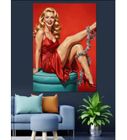 Kırmızı Elbiseli Sarışın Pin Up Kız Retro Tarzı Dekoratif Kanvas - Mdf Ahşap Tablo