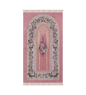 Bursa İpek Pembe Mihrap Desen Kabartmalı Özel Dokuma Seccade