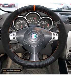 Alfa Romeo 147 Dikme Direksiyon Kılıfı Alcantara Süet Mat Karbon Taba Yüzük ve Dikiş Distinctive-Black Line-Tuşlu 2004-2010