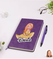 BK Gift Kişiye Özel Marilyn Monroe Karikatürlü Mor Termo Deri Defter Kalem Seti Model 1