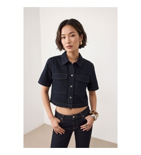 Kadın Regular Fit Cepli Lacivert Crop Jean Gömlek