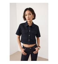 Kadın Regular Fit Cepli Lacivert Crop Jean Gömlek