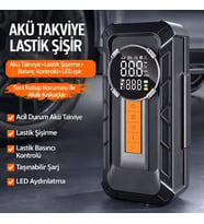 Araç Akü Takviye Cihazı Hava Kompresörü 1000A 150 PSI 8000 mAh Şarjlı Lastik Şişirme Powerbank LED Işıklı (Siyah)