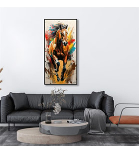 Yağlı Boya Dokulu Tablo Koşan Modern At Siyah Çerçeveli U04035