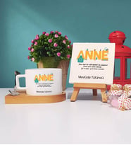 Anneler Günü Hediyesi Anneye Hediye - 8 - Ahşap Altlıklı Fincan ve Dekoratif Taş Baskı Hediye Seti