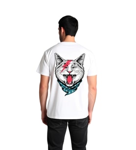 Erkek Baskılı Tişört Kedi Motifi Şimşek Çakması Bandana Detaylı Rock Tarzı Günlük Rahat Modern Şık