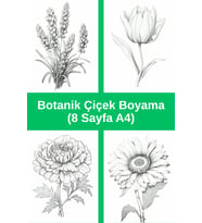 Botanik Çiçek Boyama Sayfaları 2, (8 Adet A4 Boyut).