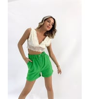 Kadın Beli Büzgülü Çift Cepli Keten Şort (Yeşil)