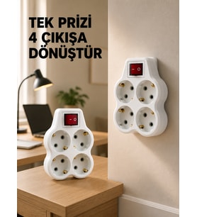 Anahtarlı 4’lü Priz Adaptörü Direkt Duvar e Takılan Priz Çoklayıcı 2’li Set
