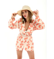 Kemerli Desenli Oversize Blazer Ceket - Turuncu