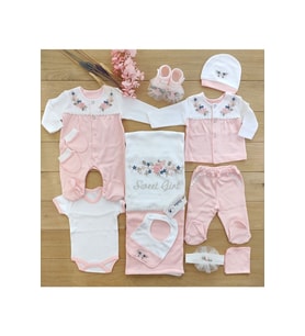 Kız Bebek Pembe 10'lu Hastane Çıkışı Natural Işlemeli Set STL46631
