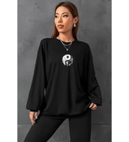 Unisex Yin & Yang Bisiklet Yaka Sweatshirt (Siyah)