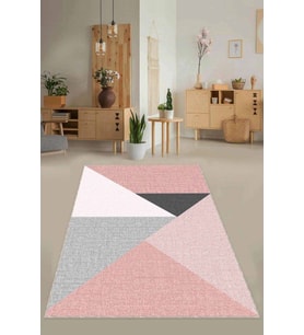 Pembe Kaymaz Tabanlı Geometrik Desenli Mutfak Halısı AR1322