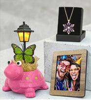 Kaplumbağa Masa Lambası, Gerçek Ametist Taşlı Lotus Kolye ve Fotoğraf Çerçevesi Hediye Seti (Model 2)