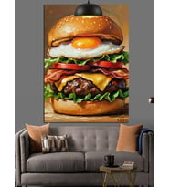 Yumurtalı Lezzetli Görünümlü Burger Dekoratif Kanvas - Mdf Ahşap Tablo