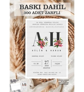 300 adet Baskı ve Zarf Dahil Düğün Nikah Nişan Davetiyesi Baskılı Zarflı Davetiye