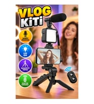 Kumandalı Mikrofonlu Tripod Telefon Tutucu LED Işıklı Vlog Video Çekim Kiti