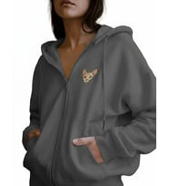 Kadın Sphynx Kedi Baskılı Tam Boy Fermuarlı Oversize Hoodie (Gri)