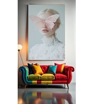 PEMBE KELEBEK KADIN PORTRE V2 Ev Duvar Salon Güzellik Salonu Ofis Dükkan Dekarasyon Kanvas Tablo (Çok Renkli)
