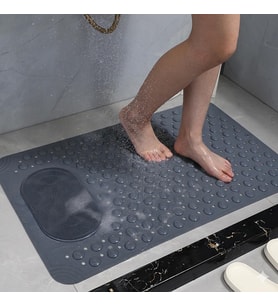Gri Kaymaz Banyo Paspası - 35x69 cm Vantuzlu Duş Matı, Ayak Masajlı ve Temizleme Dokulu, Antibakteriyel ve Tahliye Delikli Küvet İçi Paspas