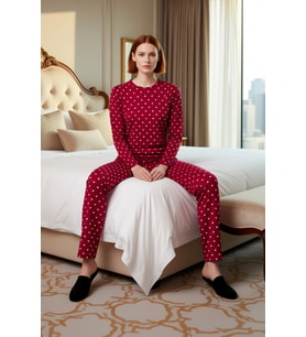 Kadın Puantiye ve Kalp Baskılı Örme Pijama Takımı Fonksiyonel Dayanıklı Kaliteli Konforlu Şık