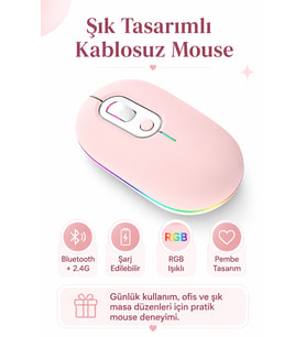 Pembe Şarjlı Kablosuz Mouse Bluetooth 5.2 + 2.4G Çift Modlu Sessiz Tuşlu RGB Işıklı 800 1200 1600 DPI Type-C Şarjlı Ergonomik Mouse