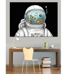 Akvaryum Kafalı Uzaylı Astronot Figürü Dekoratif Kanvas - Mdf Ahşap Tablo