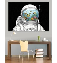 Akvaryum Kafalı Uzaylı Astronot Figürü Dekoratif Kanvas - Mdf Ahşap Tablo