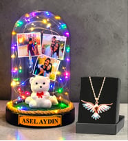 Kişiye Özel Renkli Led Işıklı Fanus ve Renkli Zümrüdü Anka Kuşu Kolye (Model 4)