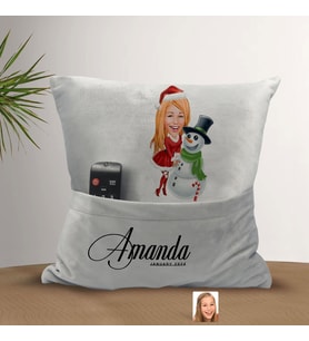 BK Gift Kişiye Özel Kadın Yılbaşı Karikatür Tasarımlı Organizer Kumanda ve Atıştırmalık Cepli Gri Kırlent Yastık-3 Arkadaşa Hediye, Cepli Yastık