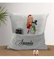 BK Gift Kişiye Özel Kadın Yılbaşı Karikatür Tasarımlı Organizer Kumanda ve Atıştırmalık Cepli Gri Kırlent Yastık-3 Arkadaşa Hediye, Cepli Yastık