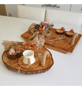 DecartHuma Retro Rustik Ahşap Eskitme Söz Nişan Kahve Sunum Damat Tepsisi Komple Set