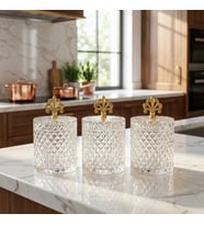 3'lü İnci Desen Gold Metal Kulplu Büyük Boy Cam Kavanoz Takımı –  3 x 1500 ml. (Şeffaf)