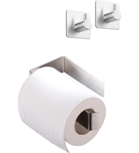 Paslanmaz Çelik Set Yapışkanlı Tuvalet Kağıtlığı ve 2 Adet Banyo Askısı - ANINDA KOLAY MONTAJ