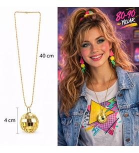 Retro Disko Topu Şekilli 80&amp;#39;ler 90&amp;#39;lar Altın Renk Plastik Kolye