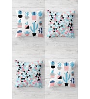 Kaktüs Ve Geometrik Desenler Kombin Gizli Fermuarlı Kırlent Kılıfı Koltuk Yastık Kılıfı Takım(4adet) (Pembe)