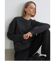 LCW Vision Antrasit Bisiklet Yaka Taşlı Oversize Kadın Sweatshirt