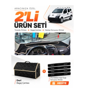 PEUGEOT BİPPER (2007-2020) Uyumlu Torpido Örtüsü + Deri Bagaj Çantası + Sticker Seti - Siyah Bej