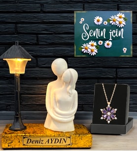 İsimli Biblolu Gold Masa Lambası ve Gerçek Ametist Taşlı Lotus Kolye (Model 5)