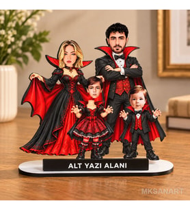4 Kişilik Cadılar Bayramı Karikatür MDF Temalı Kişiye Özel Karikatürlü 18 cm MDF Masaüstü Biblo - Aile Hediyesi Anne Baba ve Aileye Hediye