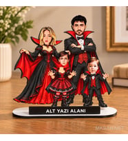 4 Kişilik Cadılar Bayramı Karikatür MDF Temalı Kişiye Özel Karikatürlü 18 cm MDF Masaüstü Biblo - Aile Hediyesi Anne Baba ve Aileye Hediye