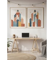 Geometrik Şehir 2’li Ahşap Çerçeveli Tablo Seti - Modern Mimari Dekor